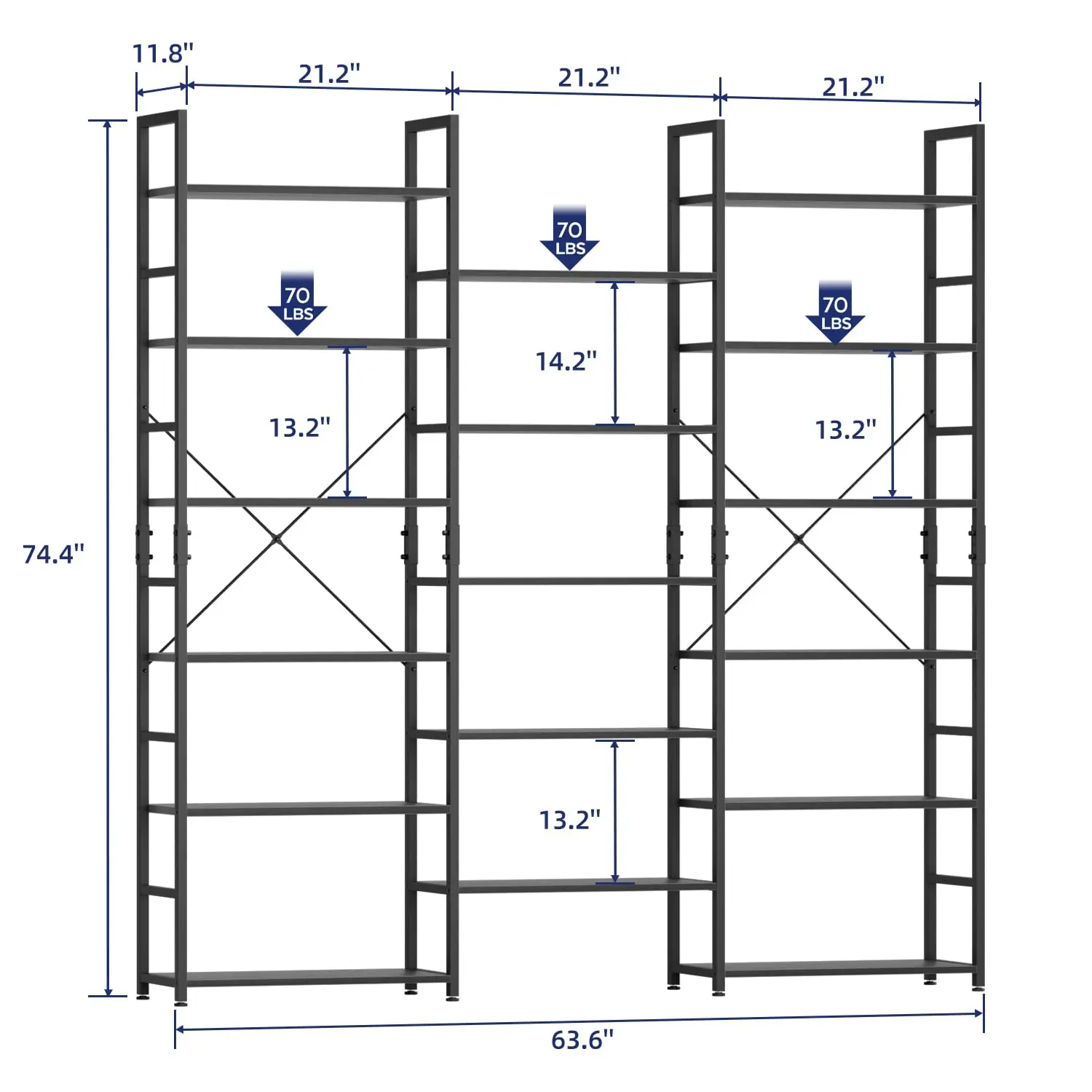 Industrial 6 Tier Wide Bookshelf with 17 Open Shelves, Modern Tall Storage Furniture for Bedroom Living Room Office, Customized