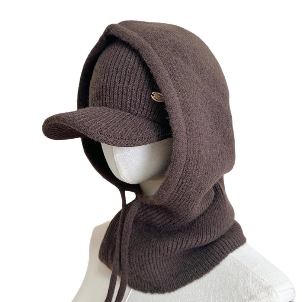 Fashion Elastic Knit Balaclava Set Windproof Open-top Hat Knit Beanie Hat Ribbed Texture Baseball Cap Hooded Scarf Women Girls