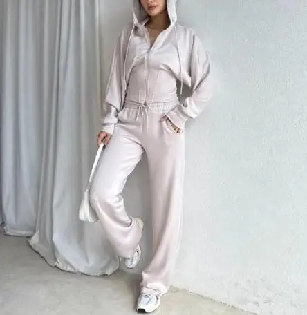 

New Women's Solid Long Sleeve Hooded Top & Pocket Pants Set Female Daily Clothes Fashion Style Woman Casual Two Piece Outfits