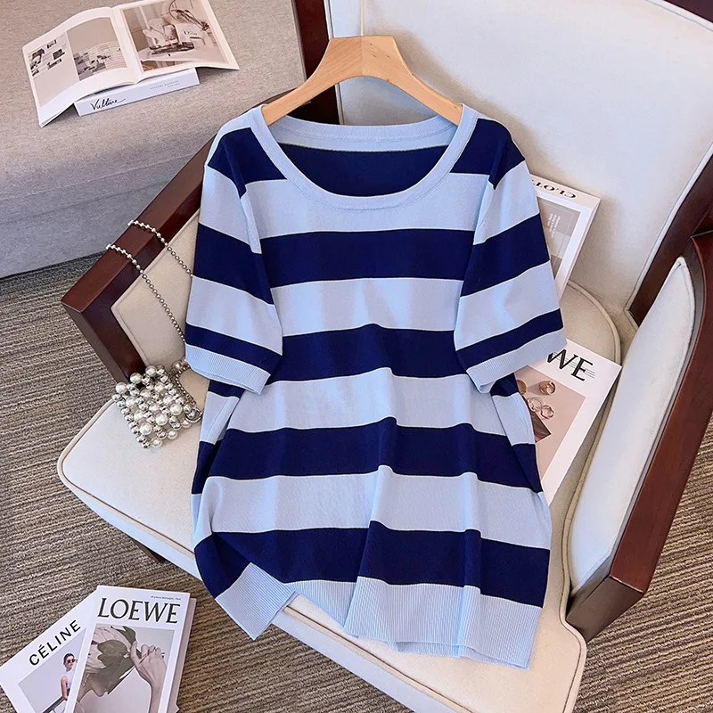 2023 Summer Women T Shirt Big Size Women Clothing Ice Silk Knitted Tops Show Slim 100/150/175kg Short Sleeve T-shirt 6XL 7XL