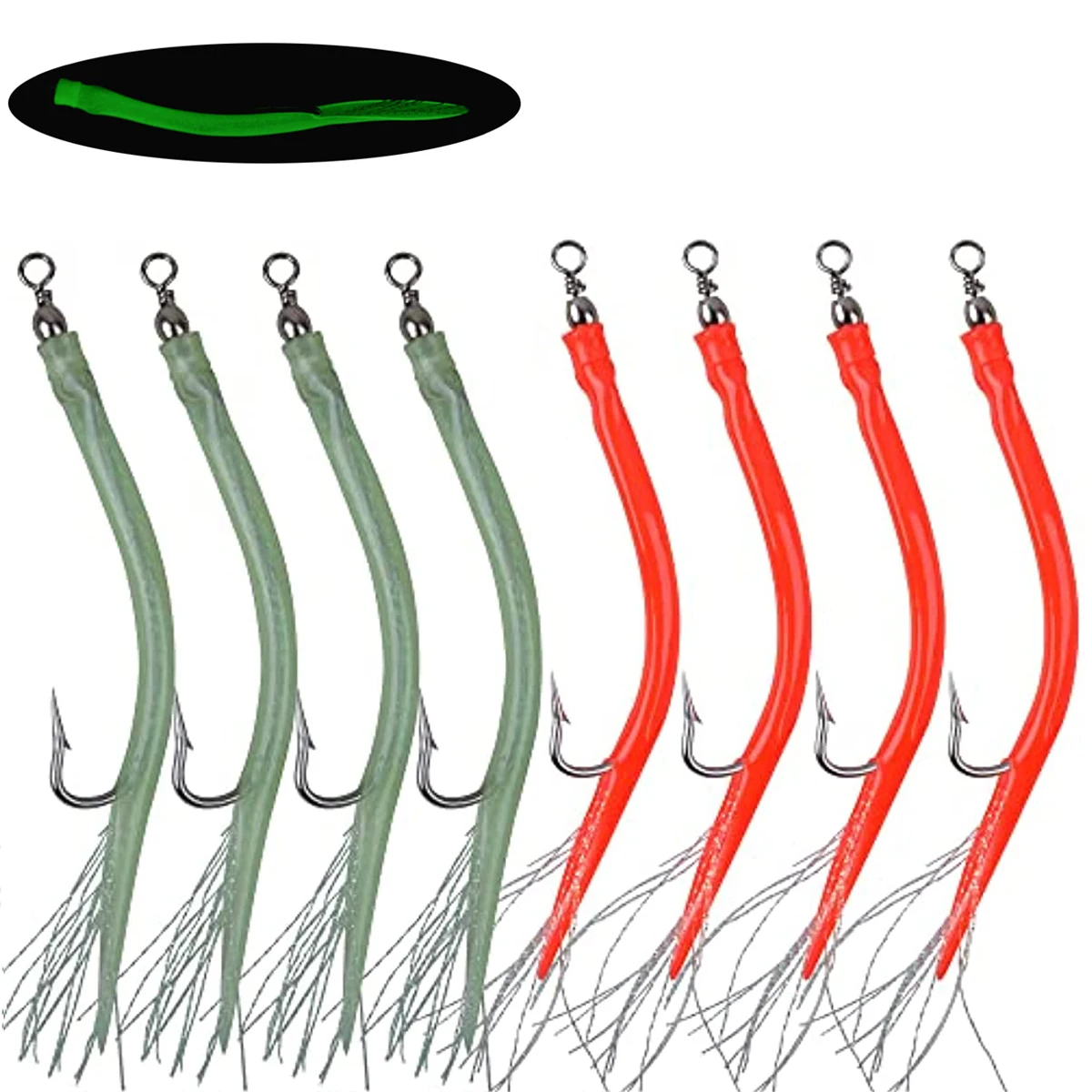 

8PCS Eel Fishing hooks Striped Bass Tube Luminous Eel Lures Long shank Offset Fish hook Offshore Bass Cod Teaser Fishing Bait