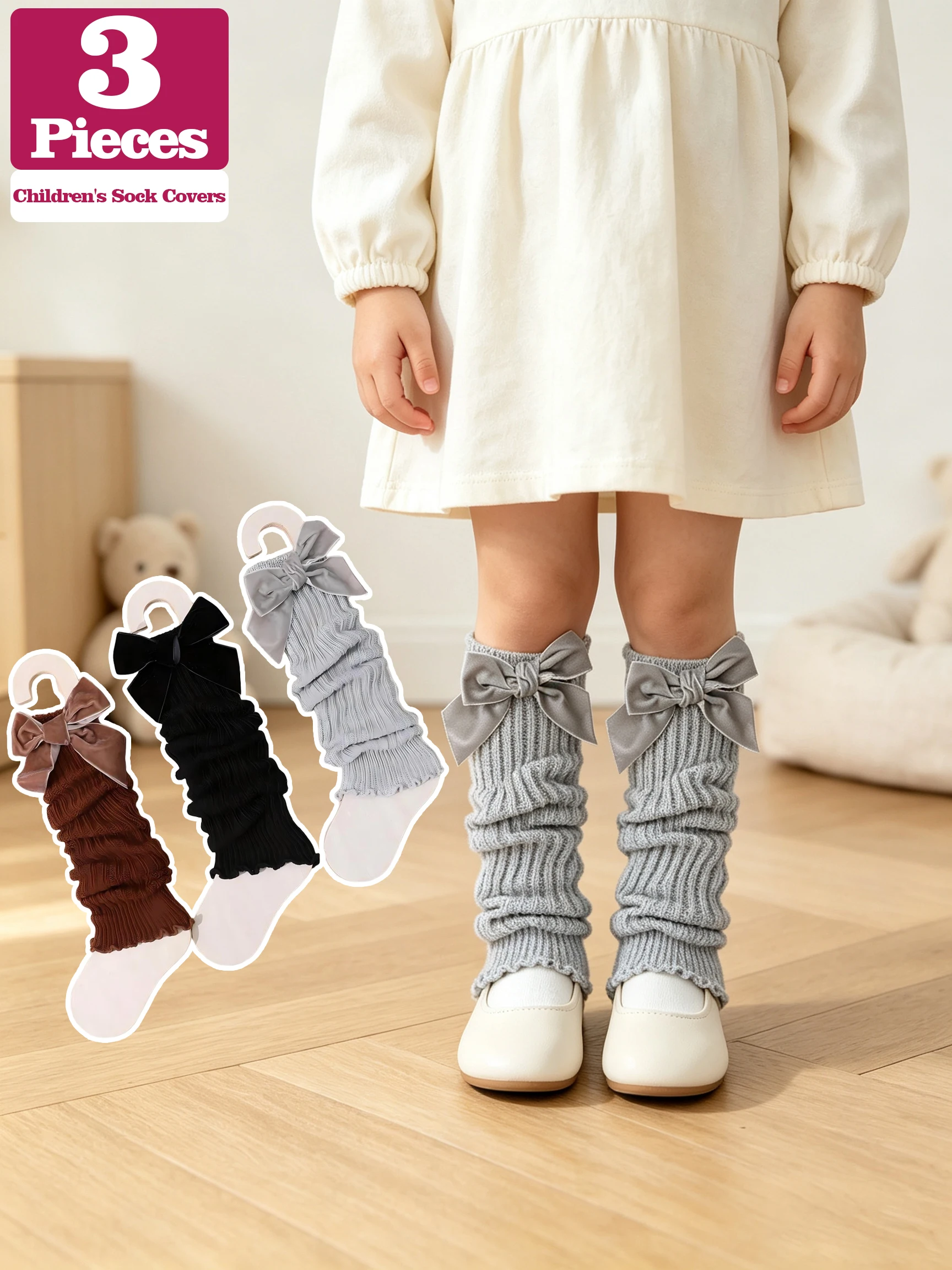 3Pcs Girls Bow Ribbed Knit Leg Warmers Ruffle Edge Sock Covers Soft Warm Leg Cuffs For 3‑8Y Kids All Season Casual Daily Outfit