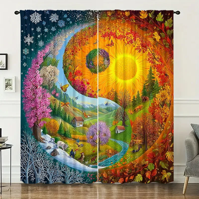 Yin Yang Four Season Landscape Curtains 2 Panels, Winter Snow Summer Sun Spring Autumn Scenery Bohemian Nature Bedroom Curtain