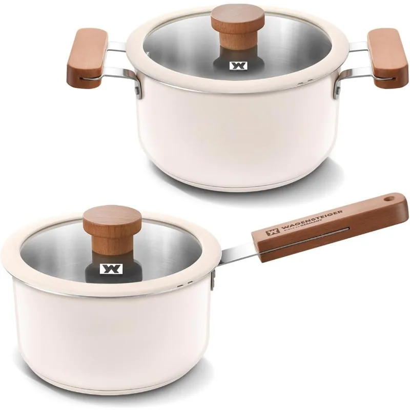 

Set of 2 Piece Ceramic Coated Stainless Steel Cookware Set with Tempered Glass Lid & Wooden Handles, 3-Ply Base