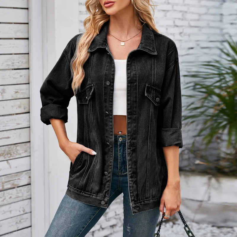 Benuynffy American Casual Denim Jacket Women's Spring Autumn Vintage Long Sleeve Loose Washed Single breasted Jean Coat Female