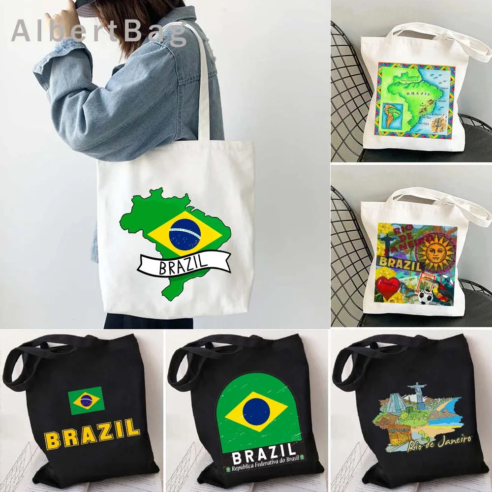 

Brazil Flag National Symbols Brazilian Gifts Rio de Janeiro Shoulder Canvas Tote Bag Brazil Emblem Map Pride Shopper Eco Handbag