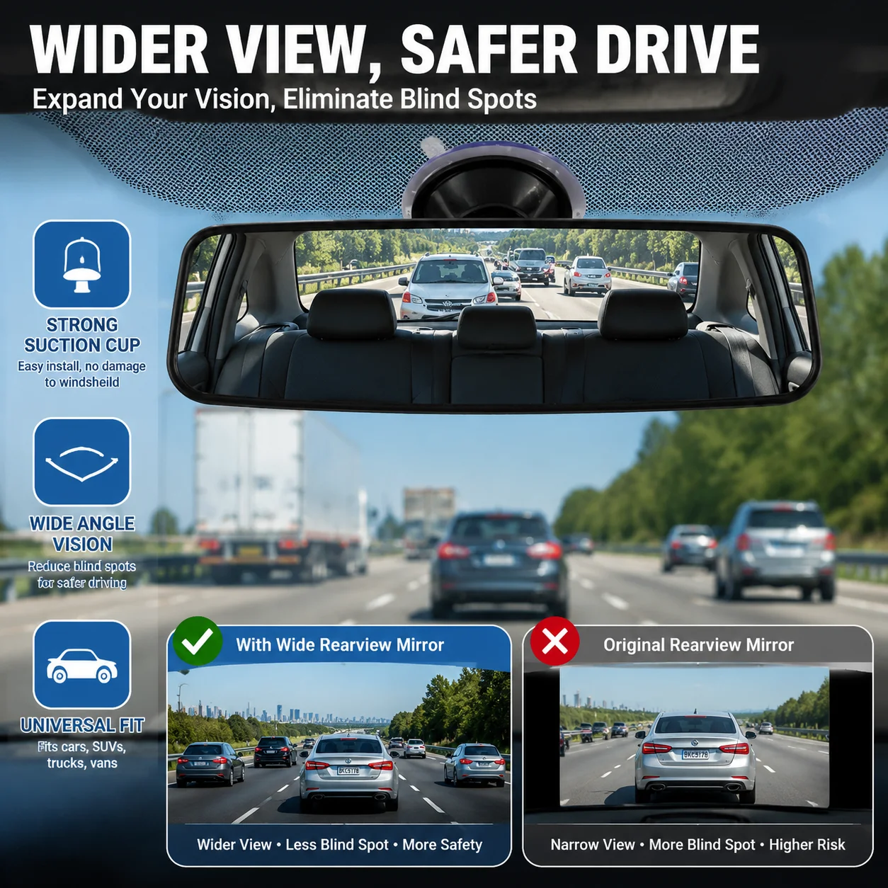 Suction Cup Car Rear View Mirror Universal HD Wide Angle Interior Rearview Mirror Adjustable Auto Driving Mirror For Car SUV Tru