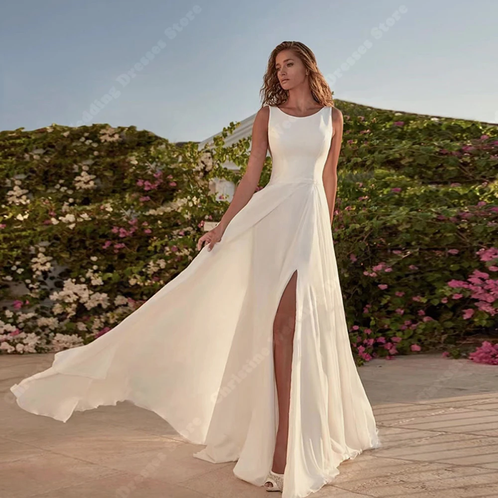 

Simple Satin A-Line Wedding Dresses Elegant Round Neck Bridal Sexy Sleeveless Latest launched Party Women Robes 2025 Customized