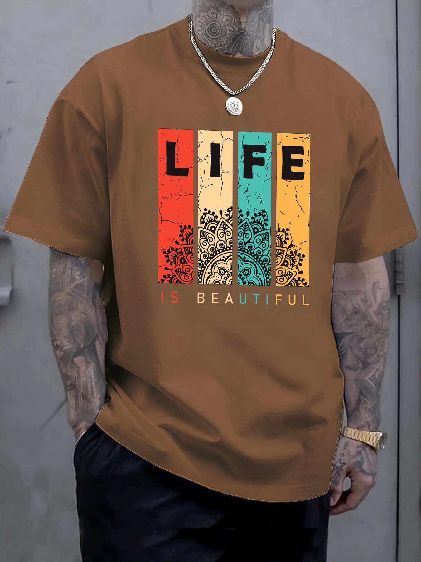 Camiseta con estampado Vintage Life Is Beautiful para hombre, camiseta informal de algodón, ropa de calle holgada de verano, ropa de Hip Hop, Tops de moda con cuello redondo