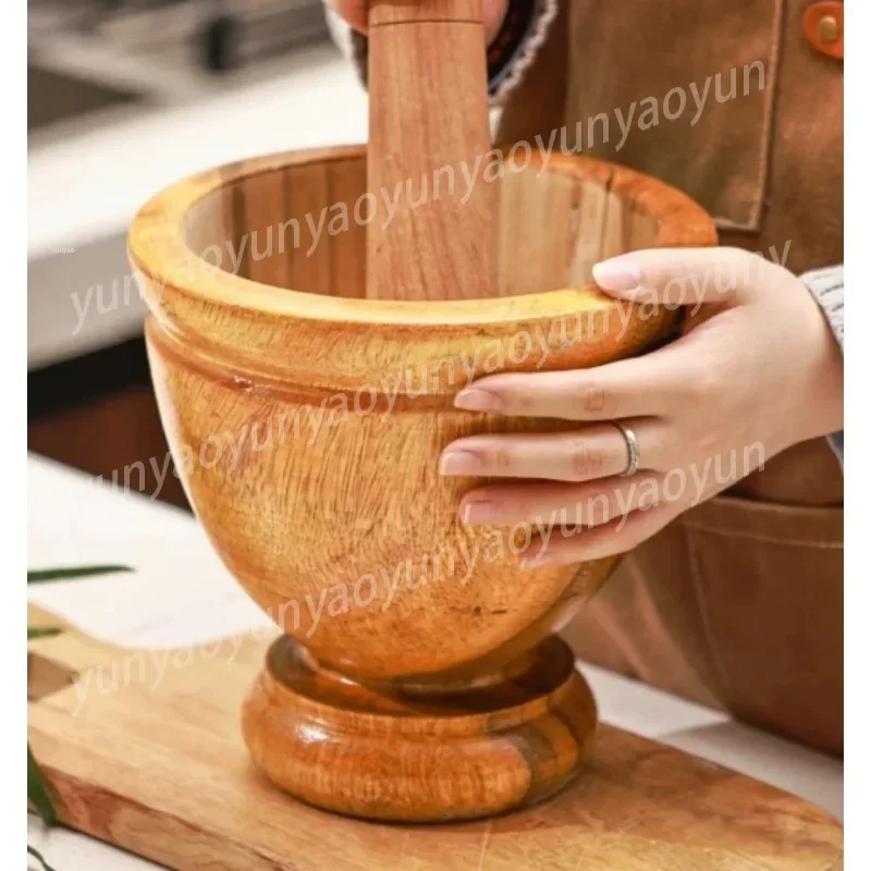 Solid Wood Mortar and Pestle Set, Thai Style Wooden Grinder Bowl for Garlic Chili, Traditional Herb Crusher