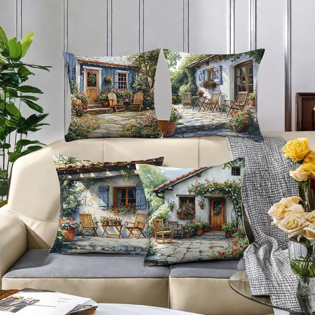 4PCS Charming Cottage and Floral Embroidered Pom-Pom Pillow Covers, Ideal for Living Room Sofa (Pillow Insert Not Included)