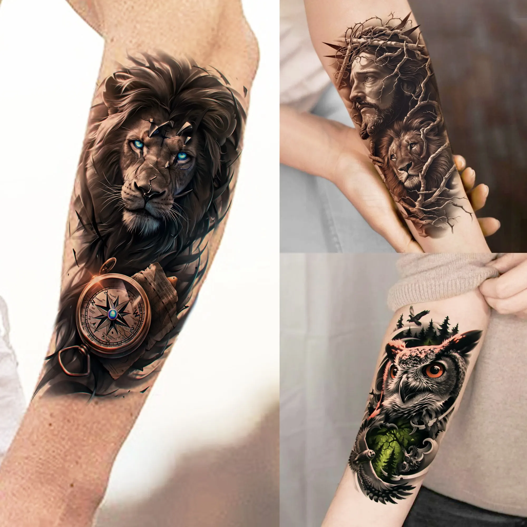 1 Sheet Cool Lion With Compass Temporary Tattoos For Men Women Waterproof Fake Tattoos Owl Jesus Long Lasting Temp Tatoo Sticker