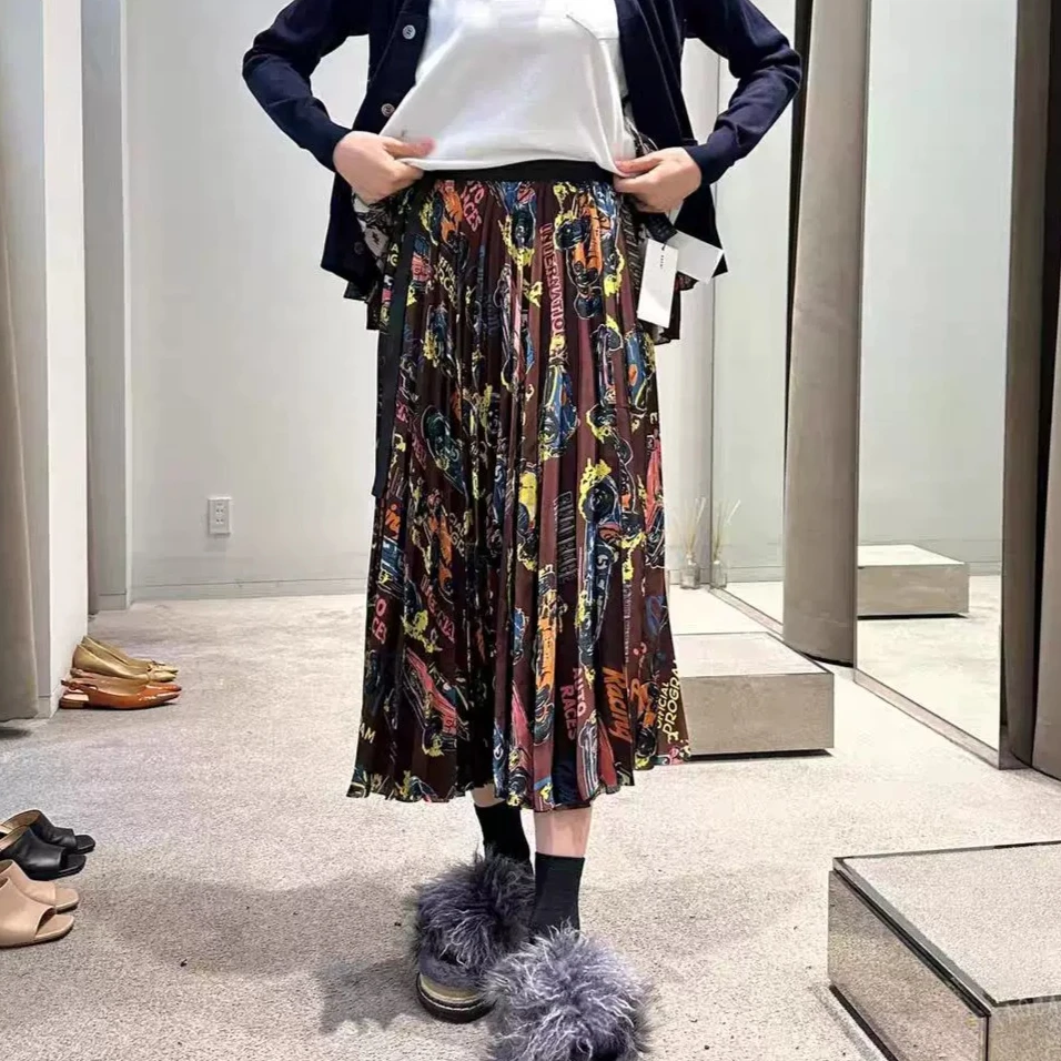 SAC 26summer graffiti print skirt high waist and thin pleated skirt medium and long skirt