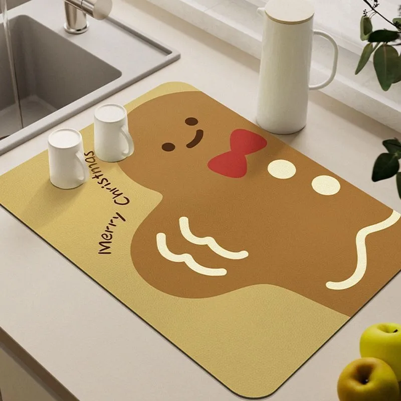 VIKAMA Diatomite Drying Mat, Super Absorbent Quick Dry Non-Slip Kitchen Counter Gingerbread Man Christmas Tree Plaid