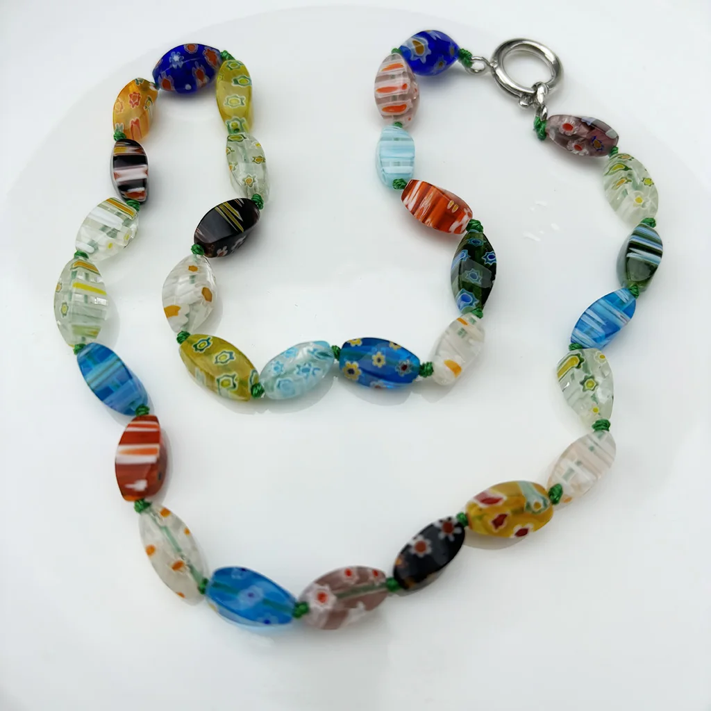 1PCS Vintage Thousand Flower Murano Glass Necklace For Women Irregular Glazed Crystal Lobster Colorful Jewelry Gift Party