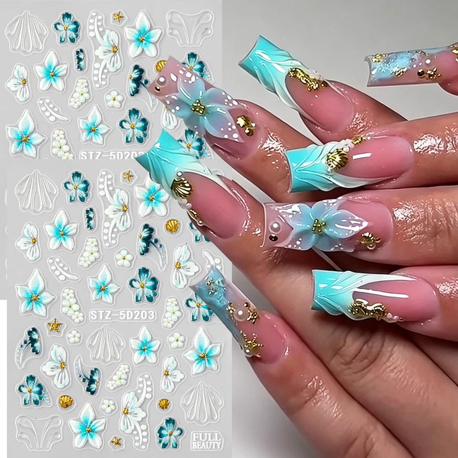 5D Embossed Teal Hibiscus Flower Nail Art Stickers Blue Floral Petal with Golden Starfish Shell French Water Ripple Summer Decal