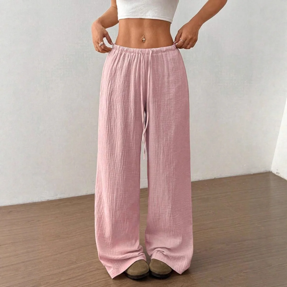 New Fashion Women's Clothing Elegant And Versatile Elastic Casual Solid Color Trousers Wide-leg Trousers