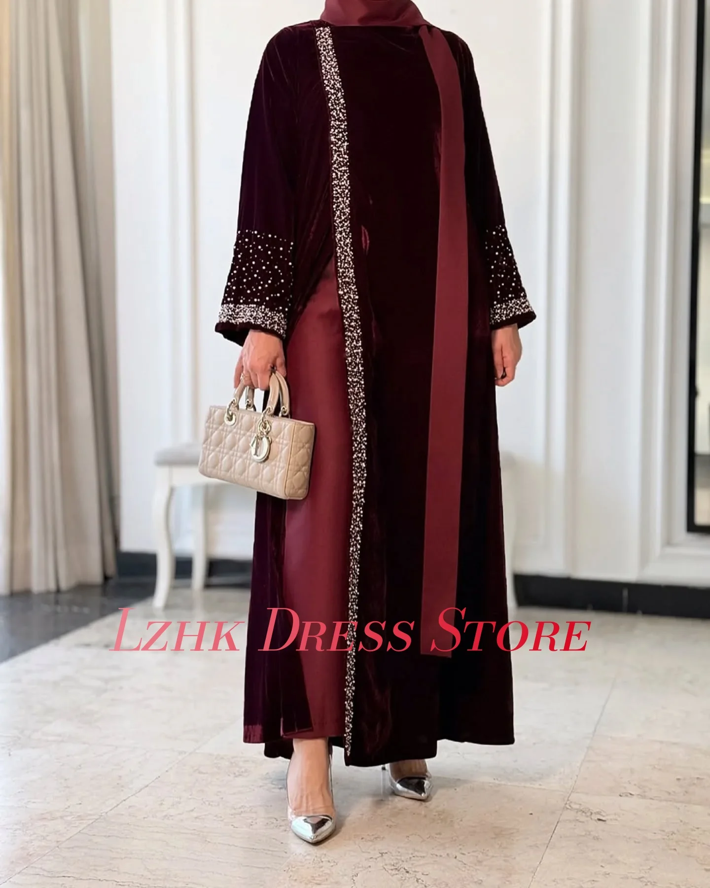Customized Modern Velvet Straight Beading Pearls Sequined Evening Dress High Quality Long Sleeves فستان سهرة نسائي