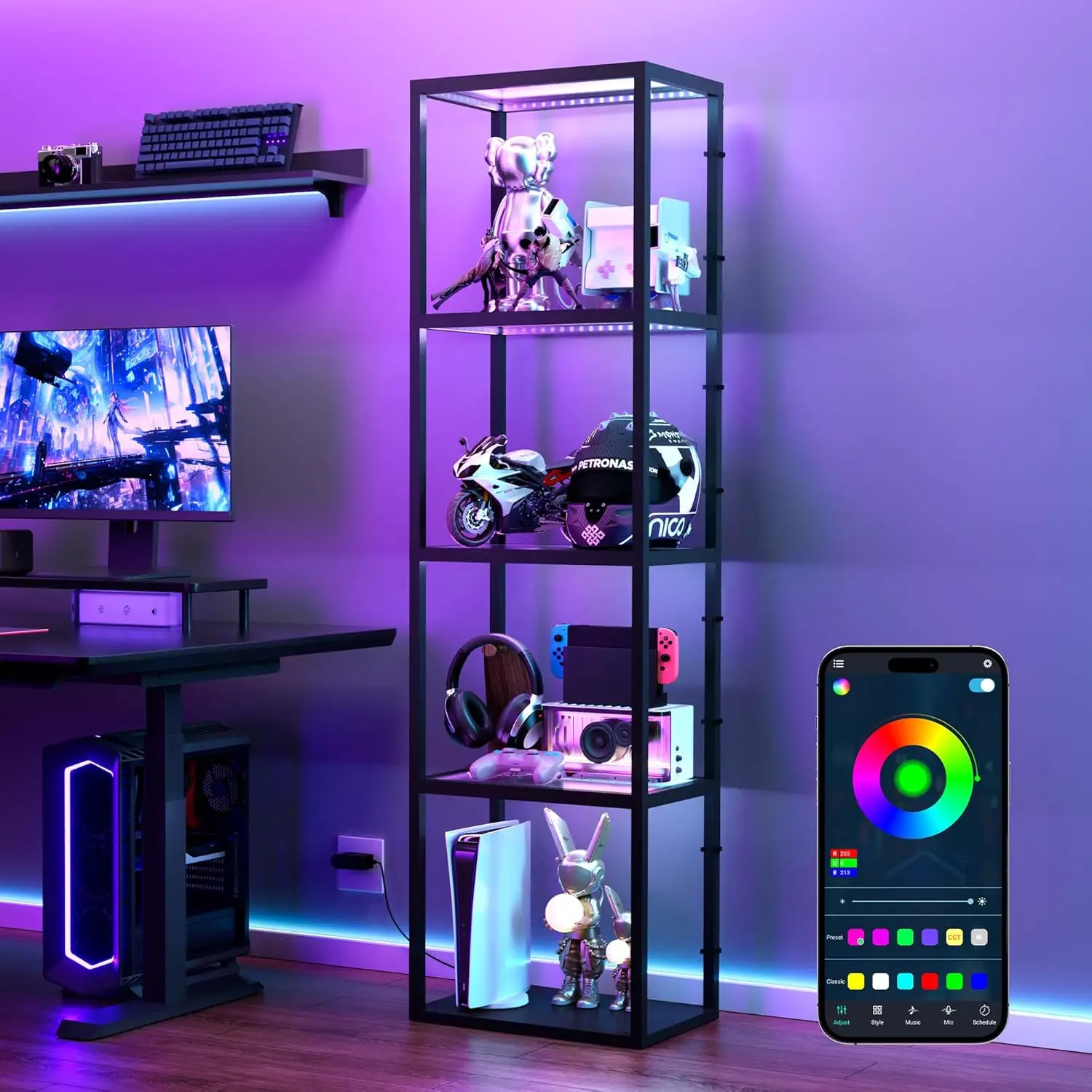 

Светодиодный RGB-шкаф с дистанционным/приложением управляемым управлением, регулируемыми полками и синхронизацией музыки для декора игровой комнаты