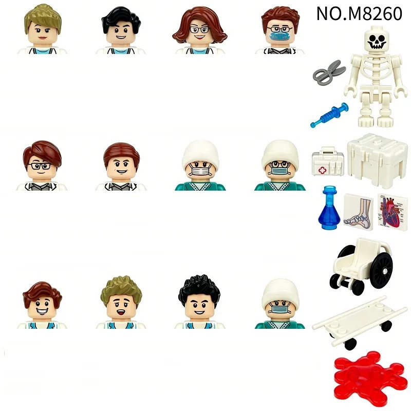 Docteur, infirmière avec 12 mini figurines, personnel médical d'hôpital, briques et accessoires pour la construction de blocs de construction d'hôpital de ville, jouets M8115