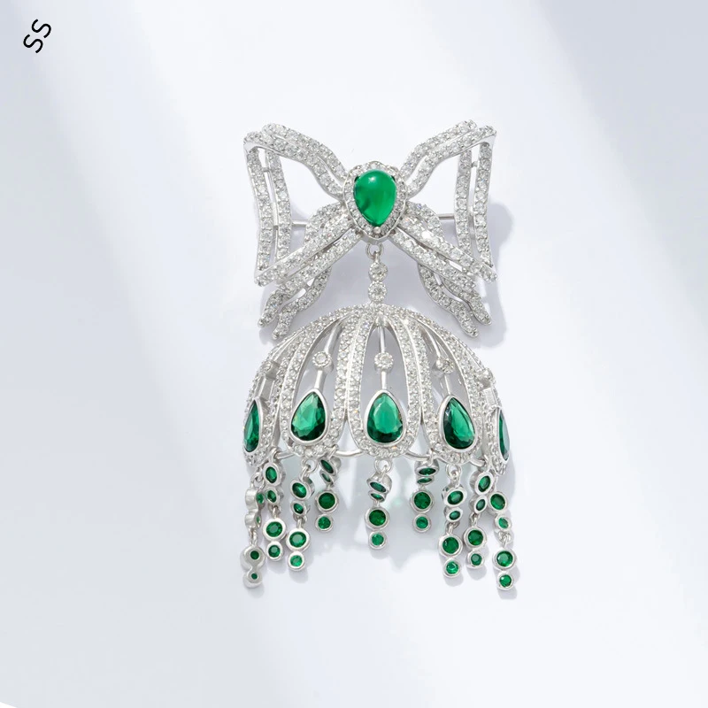 

High Grade Original Design Heavy Handmade Emerald Bow Brooch Natural Green Chalcedony Dress Corsage Plated White Gold Pins