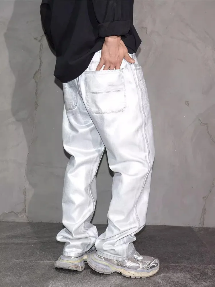 High Street Mens Silver Jeans Loose Fit Hip Hop Stage Show Denim Pants Casual Spring New Wide Leg Straight Cowboy Pants Trousers