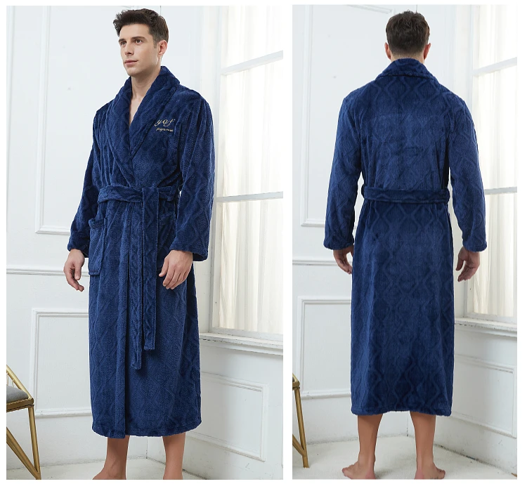 Bata de ducha tipo Kimono con solapa gruesa para hombre, albornoz de franela cálido, ropa de dormir con bolsillo, ropa de descanso de talla grande