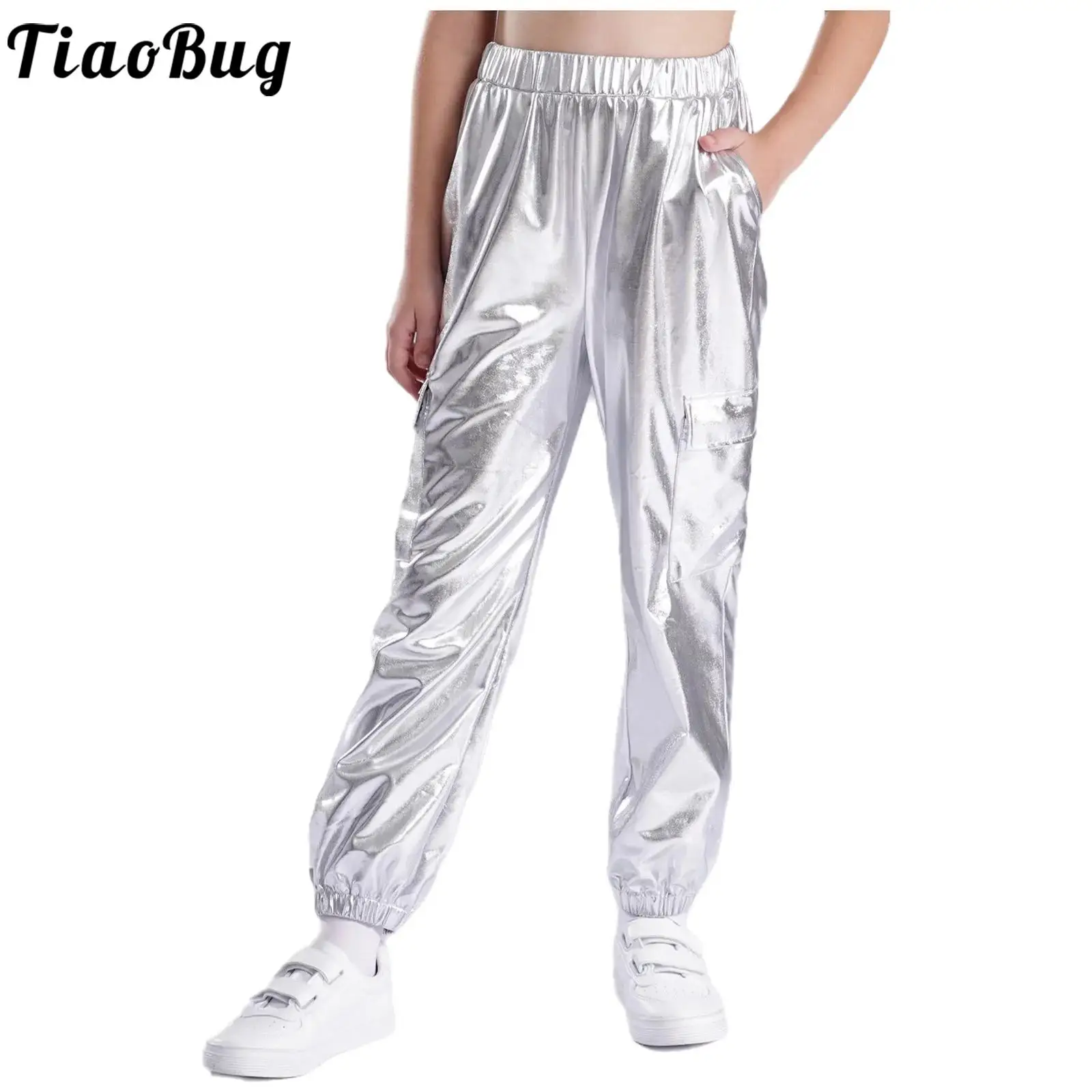 Children Metallic Shiny Hip-Hop Jazz Dance Pants Elastic Waistband Trousers with Pockets Stage Performance Dancewear Streetwear