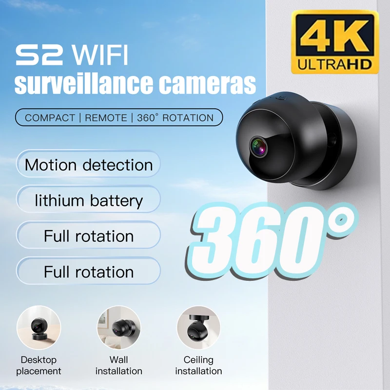 Caméra de sécurité sans fil 4K 360 °   Couverture complète vue WiFi HD détection de mouvement Vision