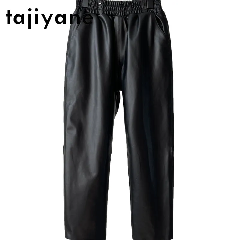 TAJIYANE Sheepskin Pencil Pants Women Genuine Leather Pants Elastic Waist Pants for Woman Clothing Straight Trousers Chic Штаны