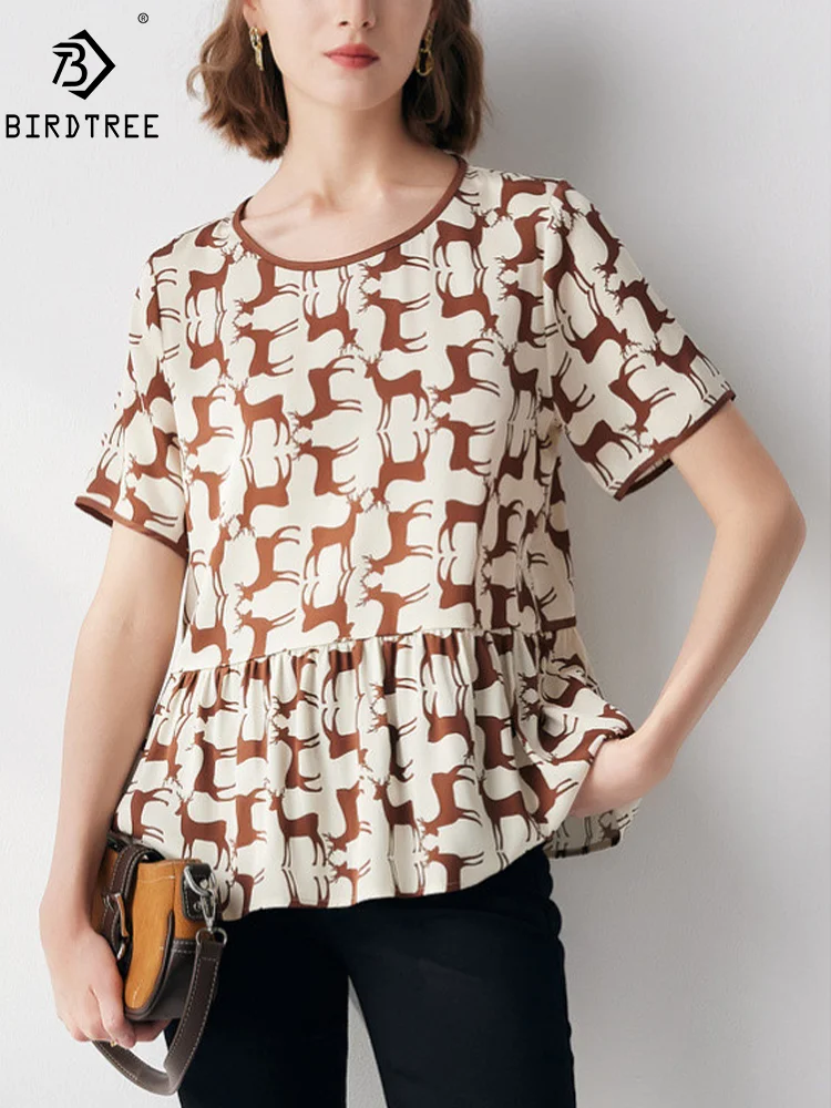 

BirdTree, 19MM 89.5%Mulberry Silk Elegant T Shirt, Women Short Sleeve Deer Print, Retro OL Blouse, 2024 Summer Autumn T47258QM