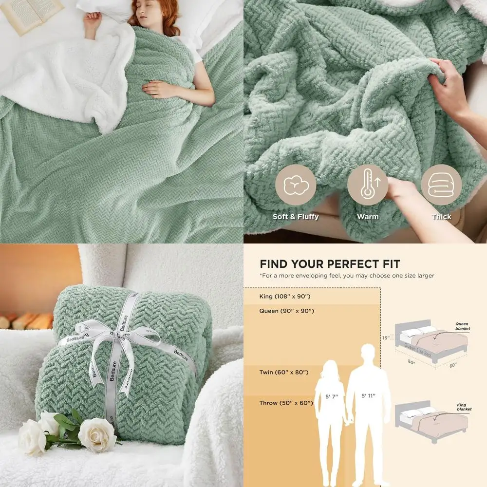 

Флисовое одеяло с узором «елочка» королевского размера — толстое и теплое для зимы, уютный подарок шалфейно-зеленого цвета, 108x90 дюймов