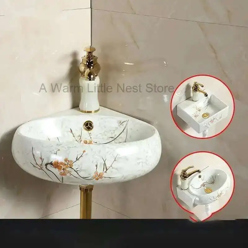 Lavabos de baño triangulares, lavabos de baño colgantes de pared de colores, lavabos pequeños para colgar en la pared, lavabos, lavabo de esquina de cerámica