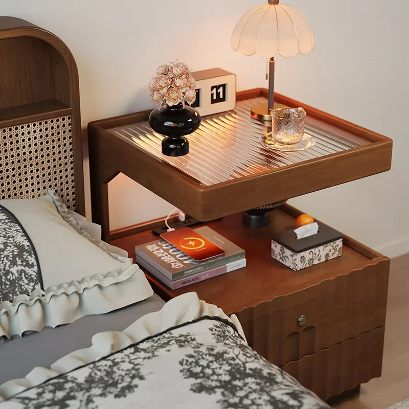

Solid wood bedside table, simple modern home bedroom with lock locker, small bedside, easy storage