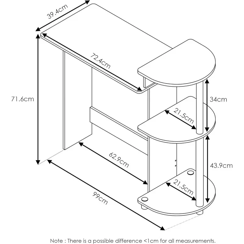 Compact Computer Desk with Shelves, Round Side