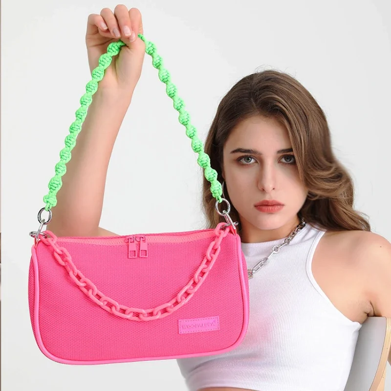 Texture Shoulder Bag Zipper Crossbody Bag Fashion Chain Mesh Fluorescent Color Handbags 2022 Fashion New Rope Chain Shoulder Bag