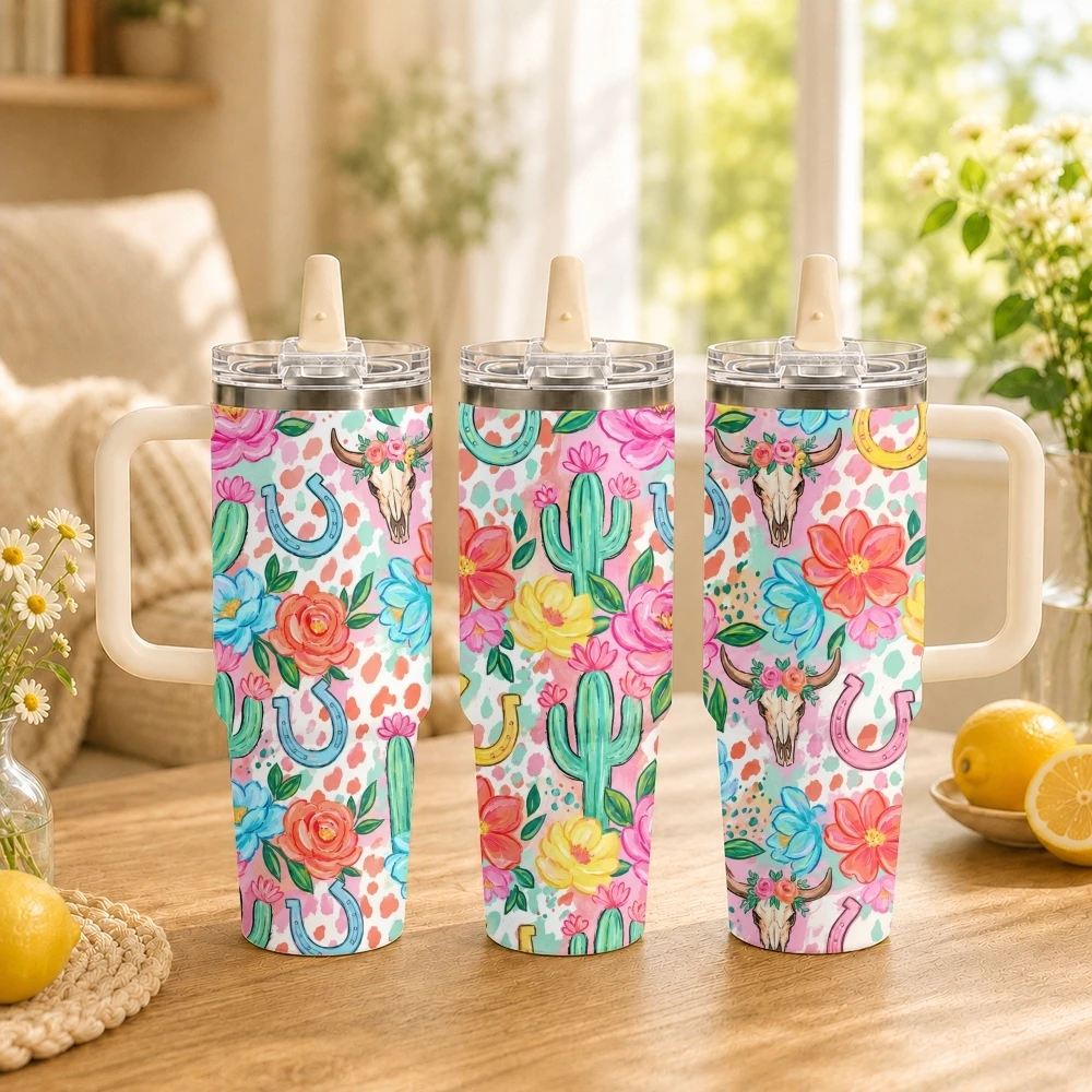 Western Floral Cactus Vacuum Flasks 40oz Thermal Tumbler with Handle Stainless Steel Vacuum Insulated Water Cup