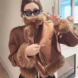 Khaki Jacket Fashion Fur Jacket 2024 Winter Y2K Retro Trend Stand Collar Fur One-piece Women's Top