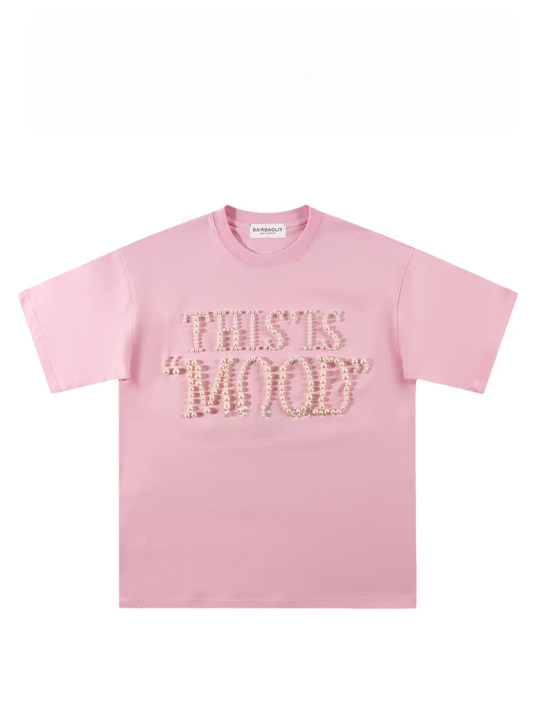 

Футболка BAIRBAOLIY из высококачественной серии с американским жемчужным декором, из чистого хлопка, свободного кроя, летняя модель.