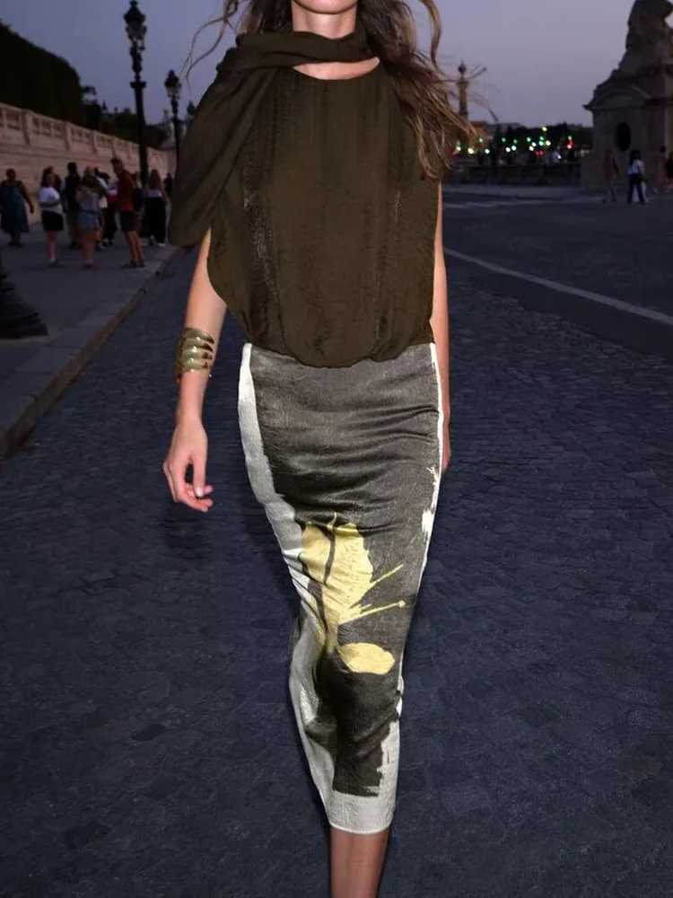 Jupe mi-longue imprimée effet plissé pour femmes, Design Sensation, petit ence, Costume de scène ethnique, haut en T, automne 2025