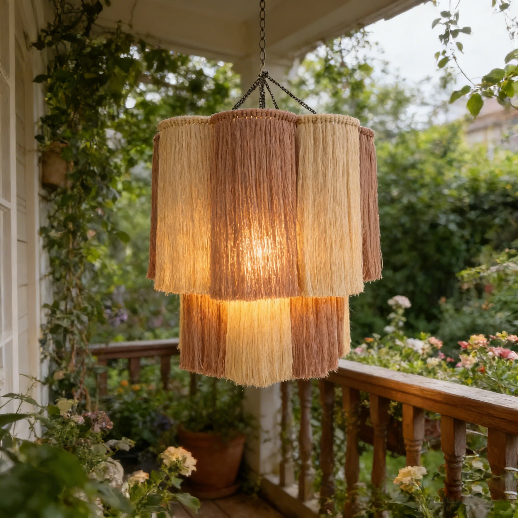Modern Boho Macrame Chandelier Pink Beige Cotton Tassel Pendant Light Handwoven Lampshade for Aesthetic Home Decor