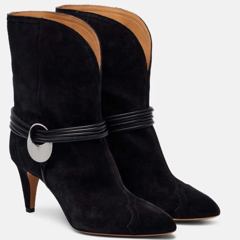 

2025autumn Andwinter Newretro Cowsuede Pointedfashion SleeveWestern BootsEuropean AndAmerican Women's Metal Buckle Banquet Shoes