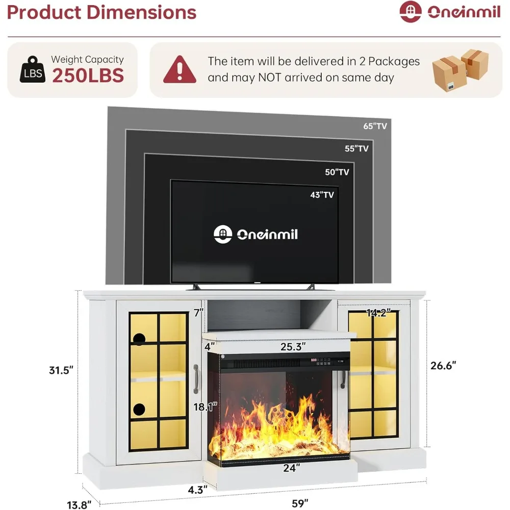 59-дюймовая каминная подставка для телевизора, 3-сторонняя стеклянная консоль для развлечений по медиа для телевизоров с диагональю до 65 дюймов со стеклянной дверью