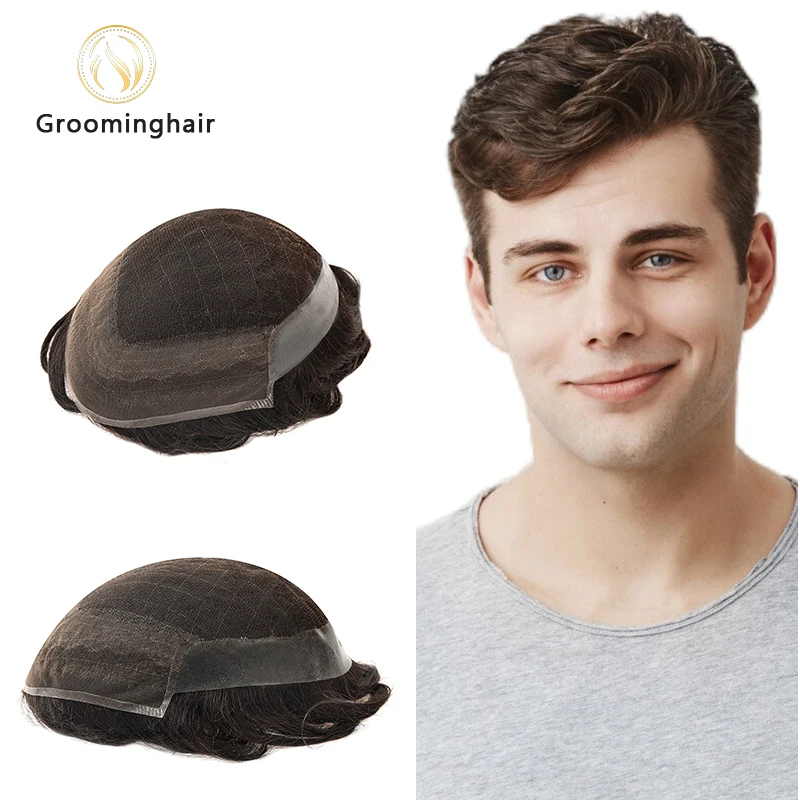 Human Hair Toupee New OCT Male Hair Prosthesis Natural Man Wig 130% Density Male Wig Full Lace Hair System With PU Back and Side