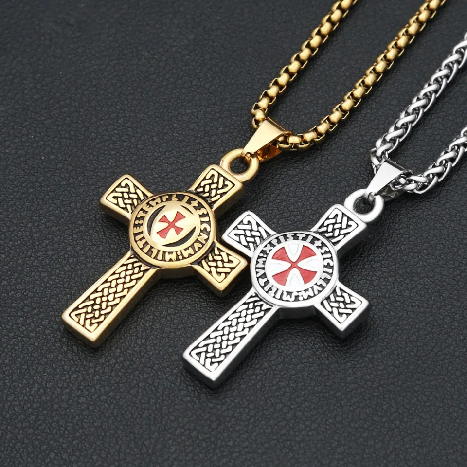Collar con colgante de Cruz de caballero rojo templario, Color dorado/plateado Vintage, acero inoxidable 316L, joyería masculina de moda, regalos al por mayor