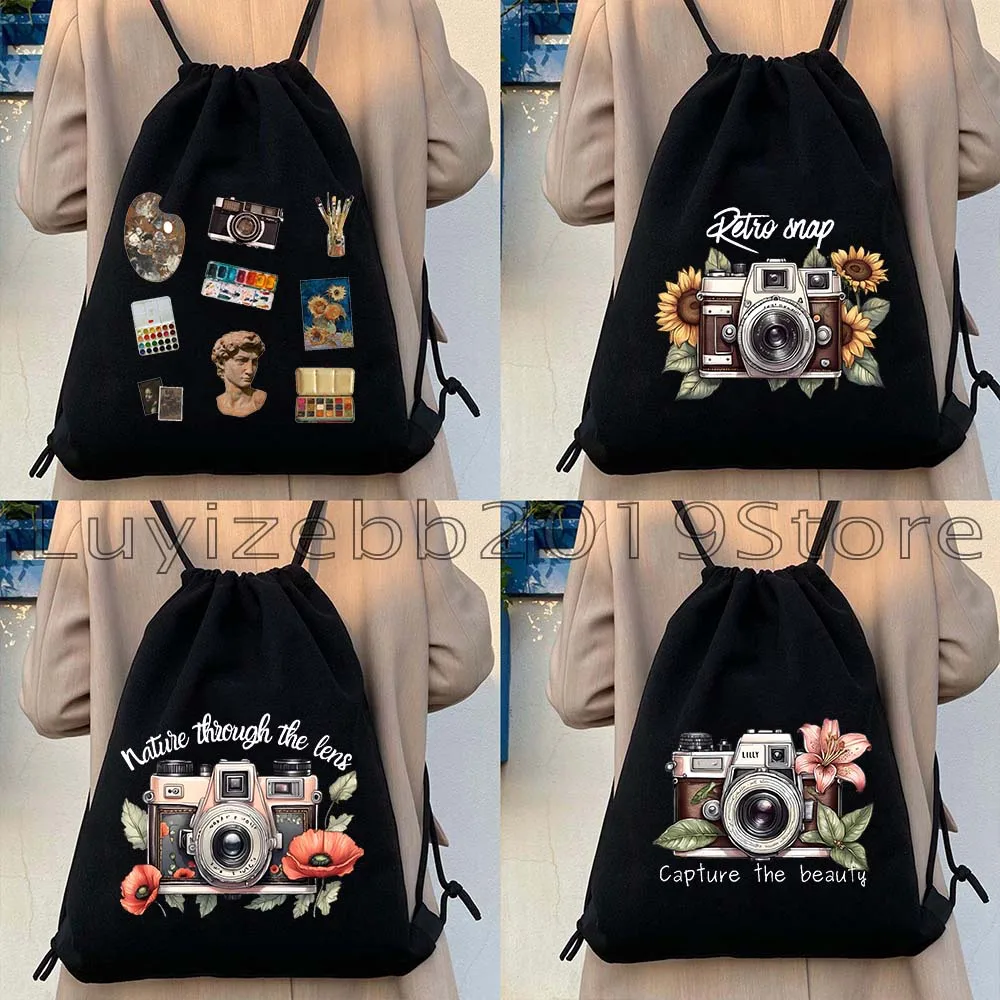 

Милые винтажные фотоаппараты с цветочным принтом, классические ретро-сумки из коричневой кожи для фотоаппаратов, рюкзаки-мешки на шнурке, сумки-мешки для футбольных мячей