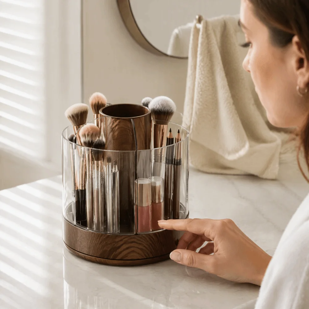 360 Rotating Rotating Makeup Organizer 6 Slot Compartments Woodgrain Cosmetics Storage Box Wood and Brown Makeup Brush Organizer