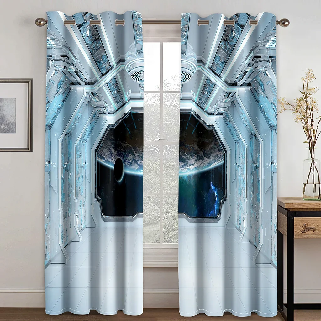 Universe Sci-Fi Space Capsule Spaceship Door Two Drape Thin Window Curtains for Living Room Bedroom Decor 2 Pieces Free Shipping