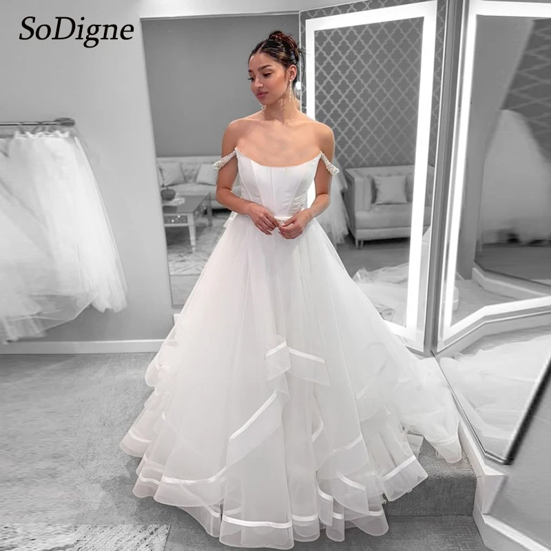 

SoDigne Off Shoulder Tulle Wedding Dresses A-line Strapless Ruffles Beading Bridal Dress Long Wedding Gown Custom Made