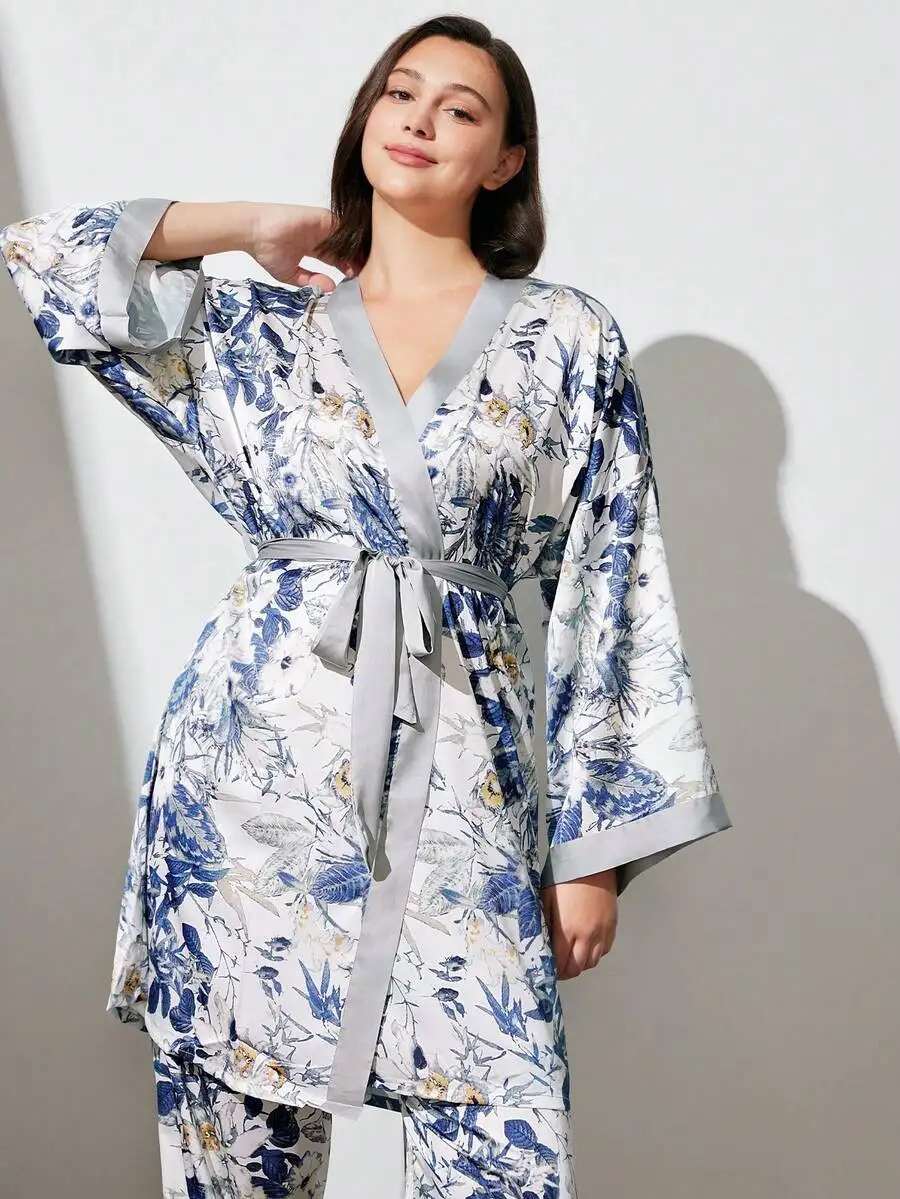 

Satin Floral Print Wrap Robe With Belt Women Sleepwear
